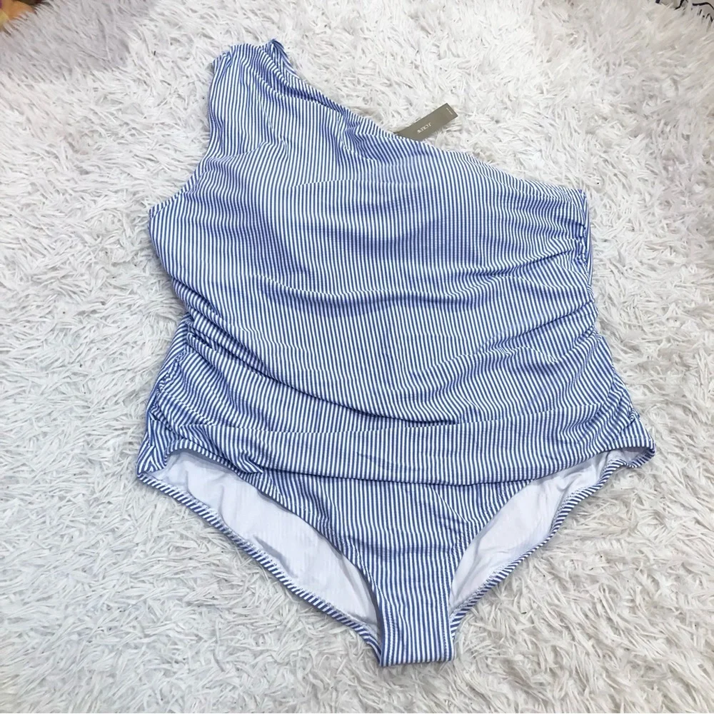 J Crew Ruched‎ Seersucker One Shoulder One Piece Swimsuit Blue White Size 24